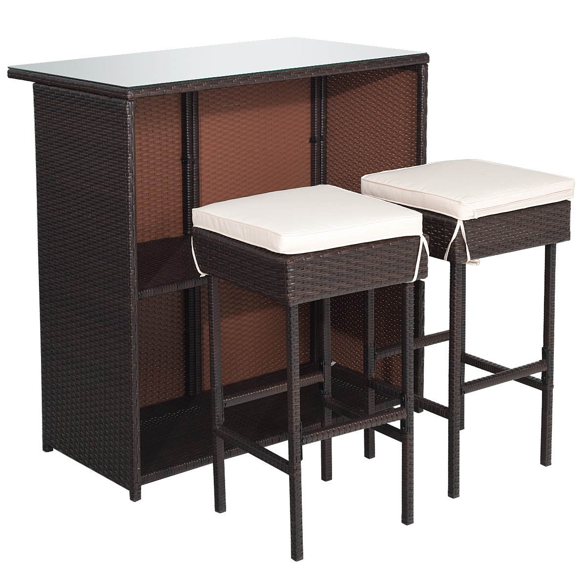 Patiojoy 3PCS Outdoor Rattan Wicker Style Bar Stools Table Set 2 Cushioned Chair