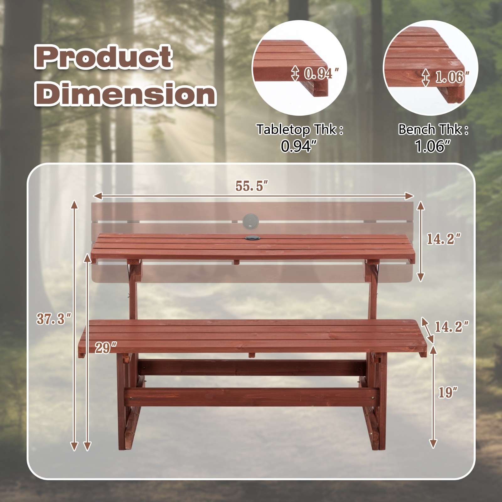 55.5″ Convertible Rectangle Wood Picnic Table Garden Bench Seats 2-3 People