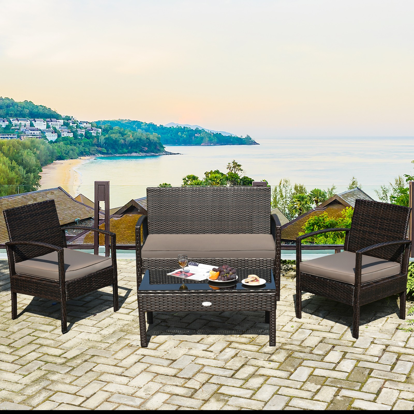 Patiojoy 4PCS Patio Rattan Furniture Set Cushioned Sofa Coffee Table Garden Deck