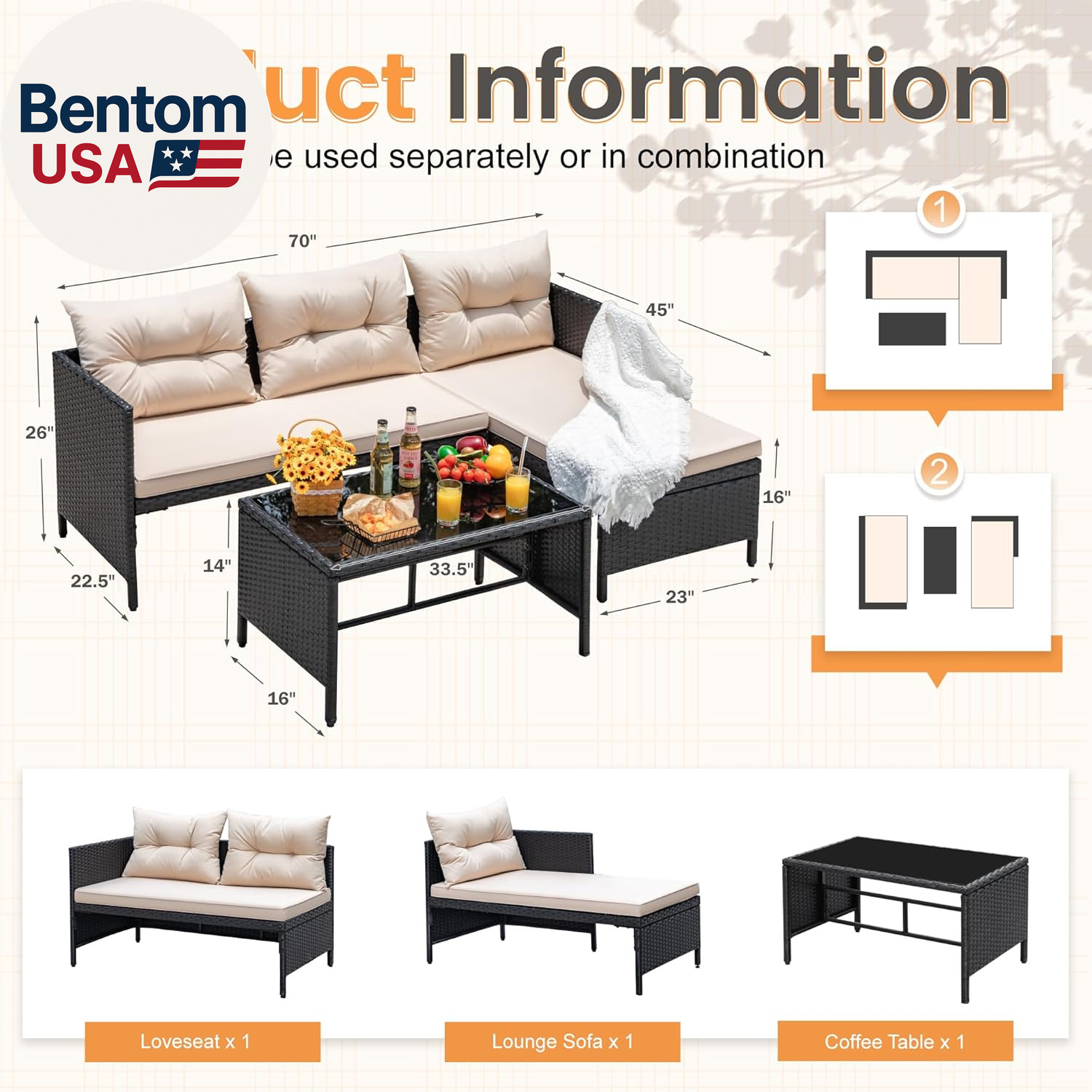 Outdoor Patio Furniture 3-Piece Rattan Waterproof Outdoor Sectional Sofa All-Wea