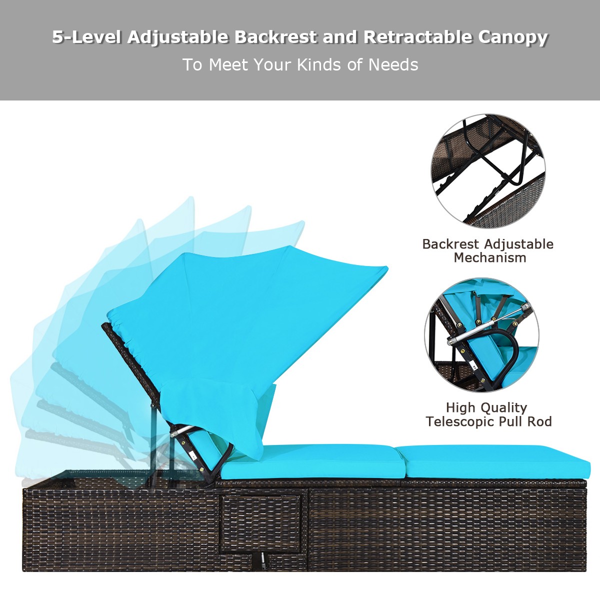 Patiojoy Patio Rattan Lounge Chaise Cushioned Top Canopy Adjustable Turquoise