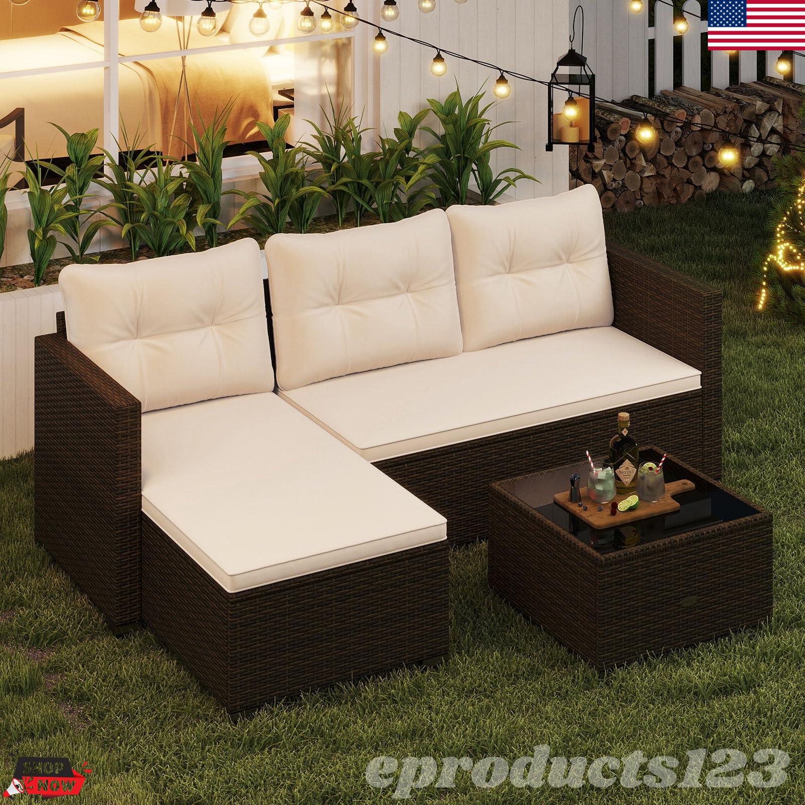 Rattan Outdoor Sectional Sofa Set L Shaped Patio Furniture w/ Glass Coffee Table