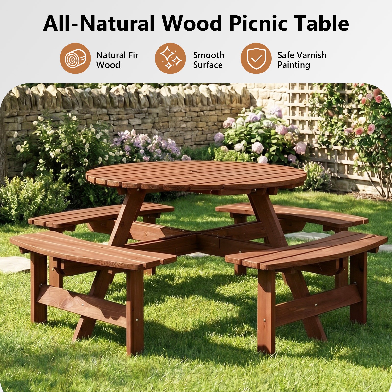 Wooden Picnic Table Set 8-Person w/ 4-Bench, Umbrella Hole for Indoor Outdoor