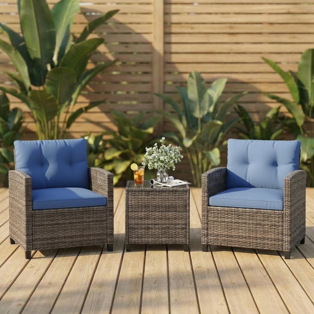 Stylish 3-Piece Grey & Blue Rattan Patio Furniture Set with Glass Tabletop