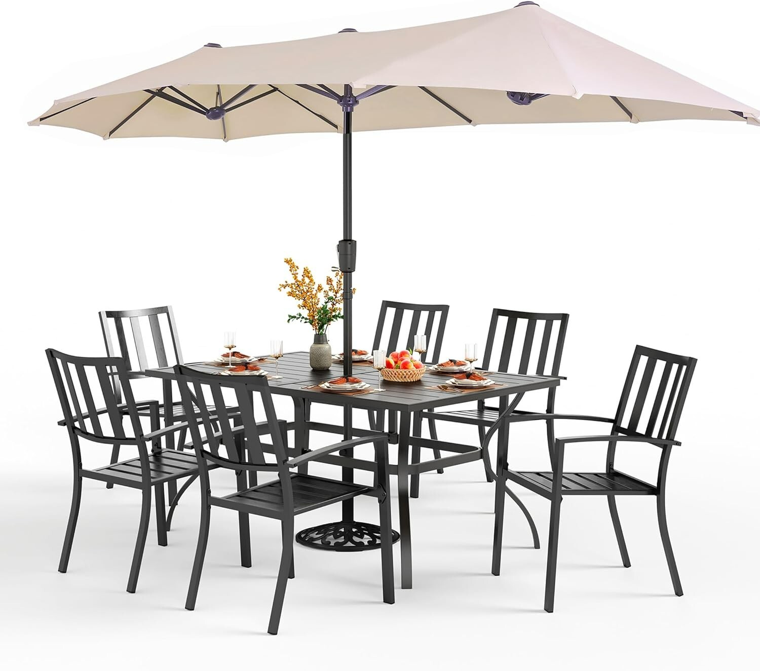 8-Piece Patio Dining Set Outdoor Patio Table and Chairs with Umbrella,Beige