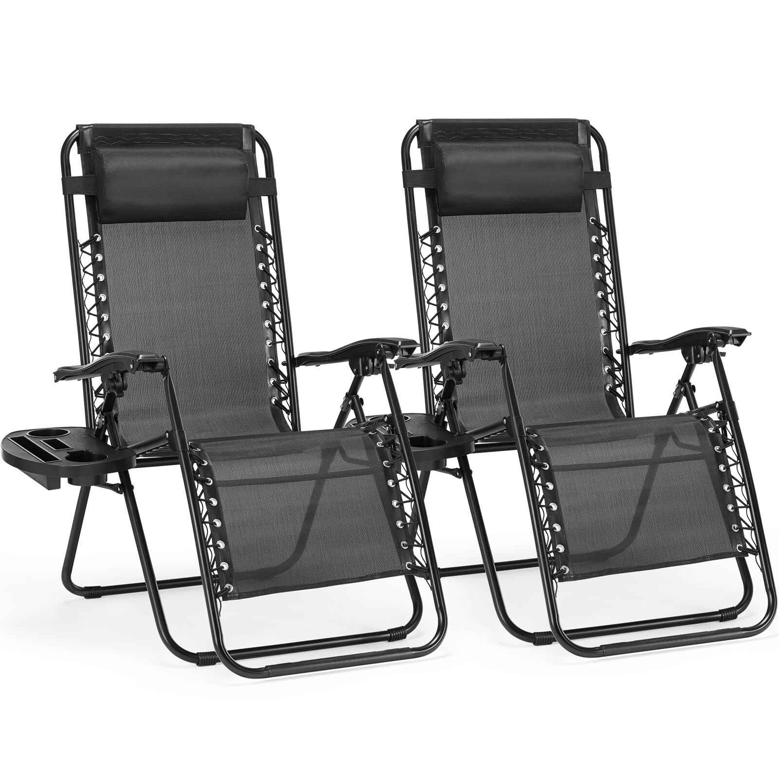 Portable Zero Gravity Lounge Chairs 2-Set Adjustable Pillow & Cup Holder Trays