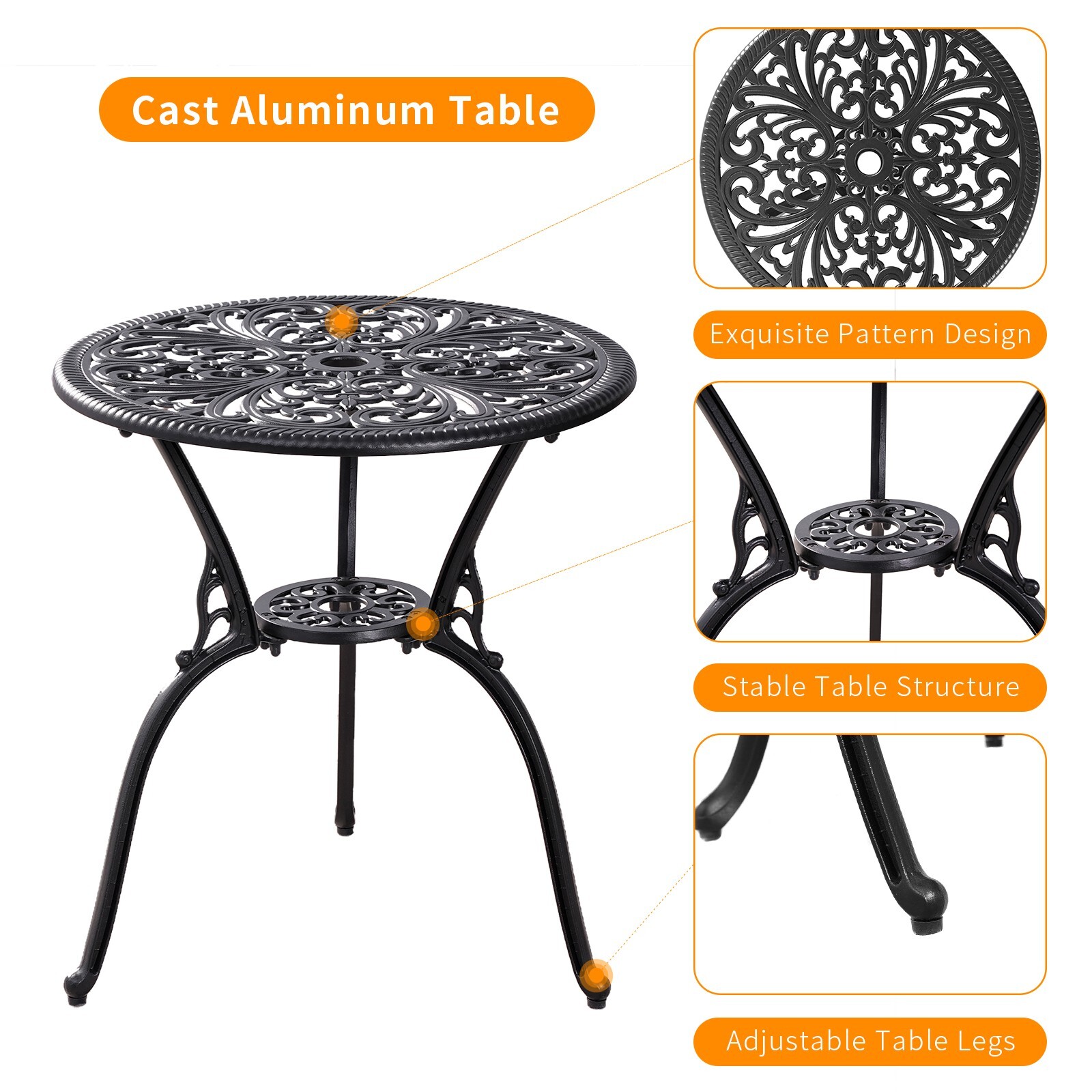 Patio BistroTable Set Rust-Resistant Cast Aluminum Bistro Set with Umbrella Hole