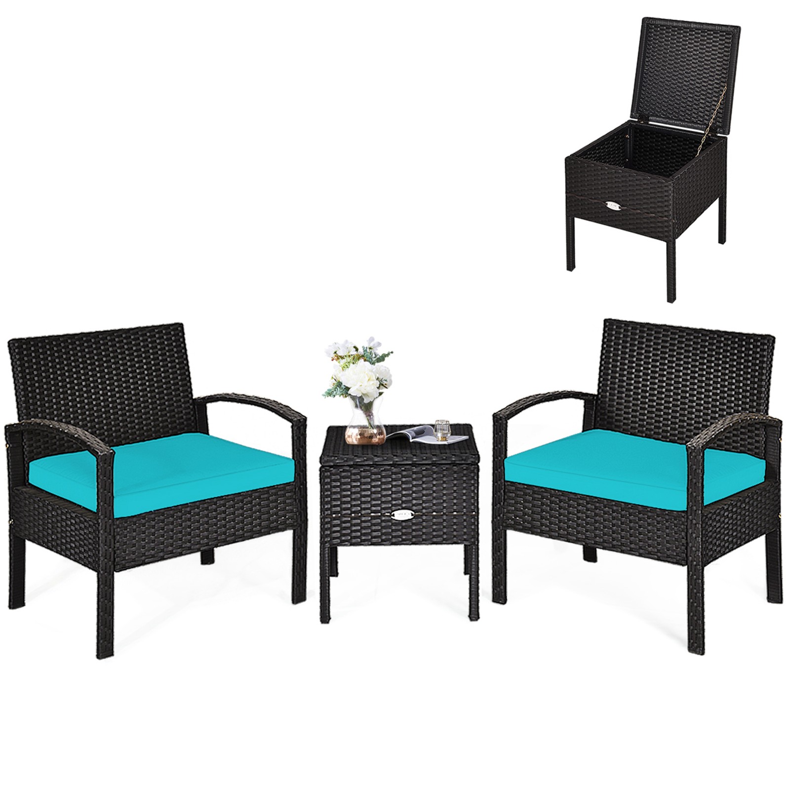 3PCS Rattan Patio Conversation Furniture Set w/ Storage Table Turquoise Cushion
