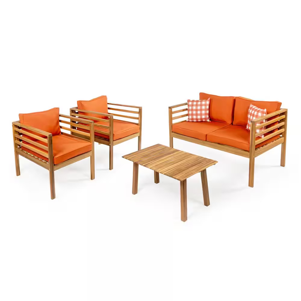Thom 4-Piece Mid-Century Acacia Wood Outdoor Patio Set and Plaid Decorative Pill