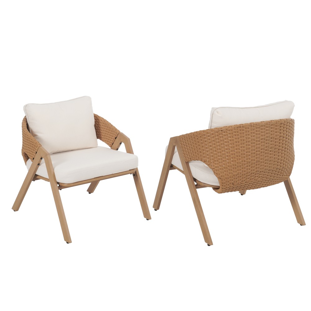 Outdoor Rattan Patio Chair Set of 2 Grey Teak Metal Frame Water Resistant