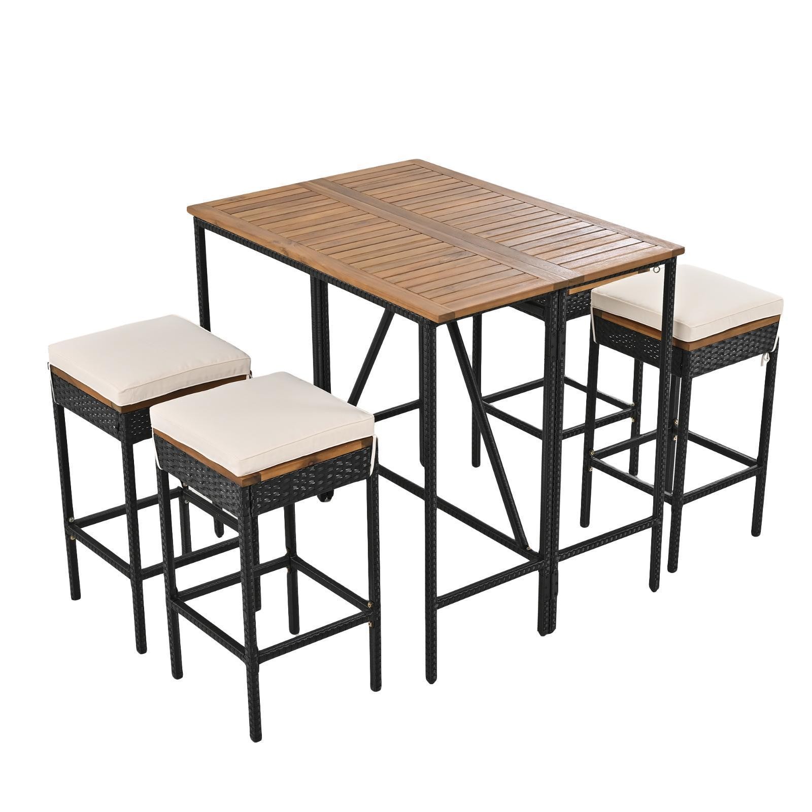 GO 5-Piece Outdoor Bar Set with Acacia Wood & Rattan Wicker, Foldable Table,