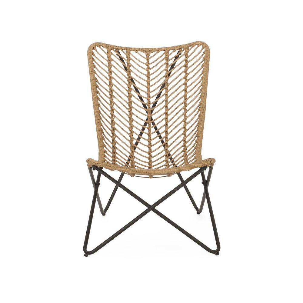2-Pieces Light Brown PE Wicker and Metal Outdoor Lawn Chairs with Geometric Cros