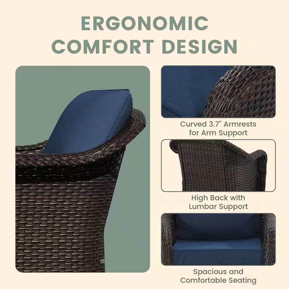 2-Piece Patio Wicker Swivel Outdoor Rocking Chair Set with Blue Cushions
