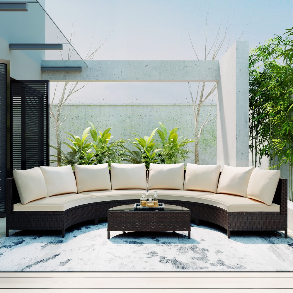5-Piece All-Weather PE Rattan Patio Sectional Sofa Set with Glass Table