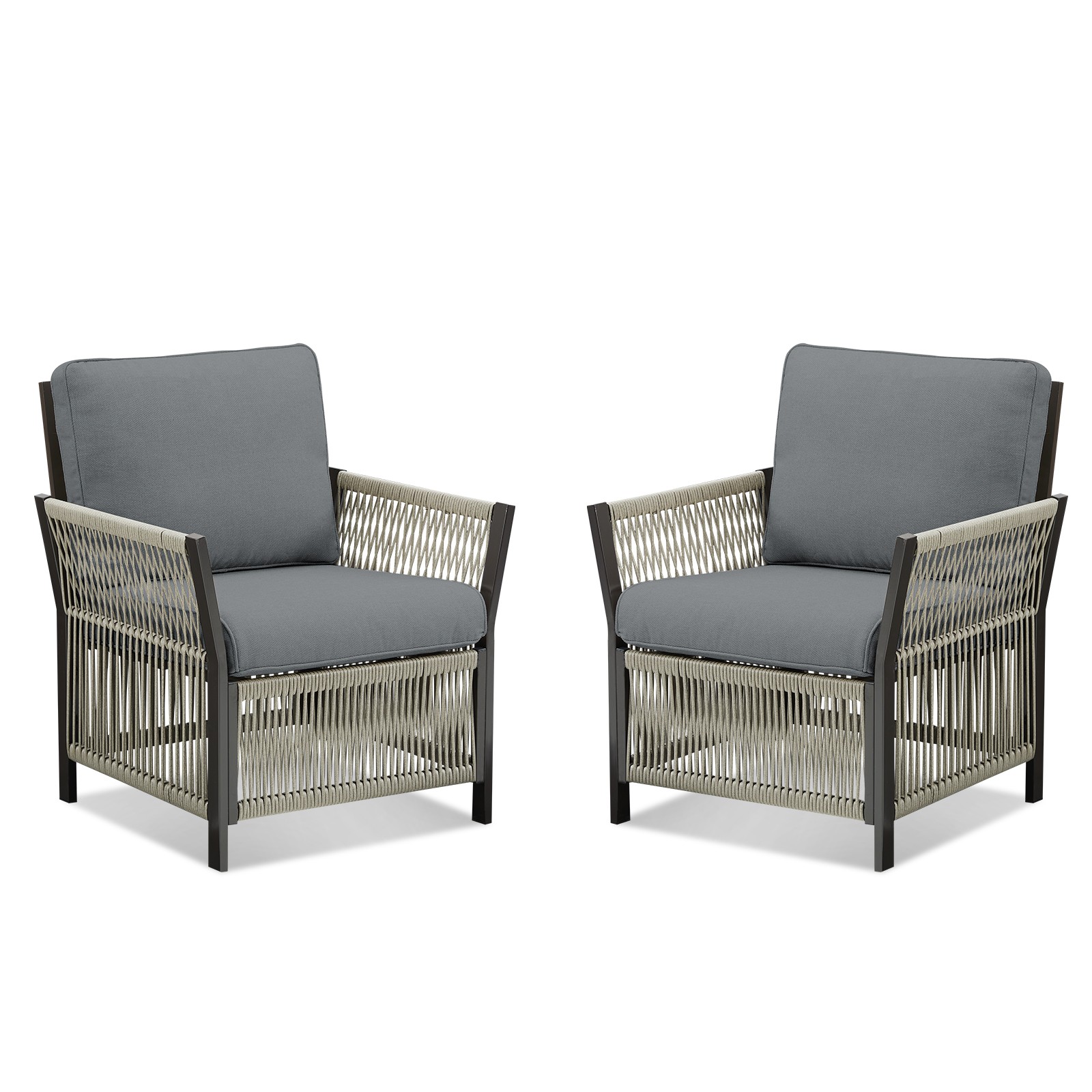 Patio Arm Chairs Set of 2, Gray Wicker Lounge Chairs with Cushions
