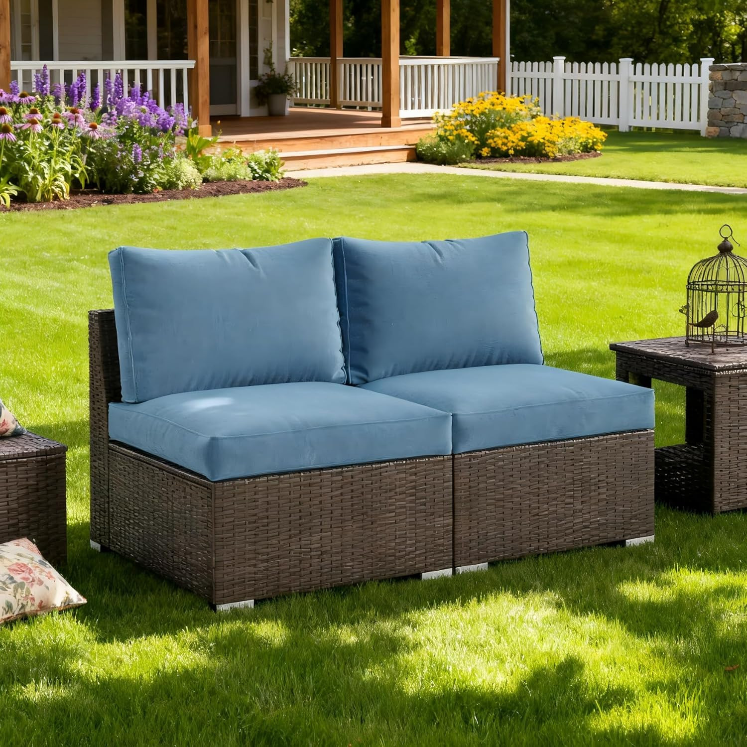 Light Blue Outdoor Wicker Sofa Set with Washable Cushions for Patio & Garden