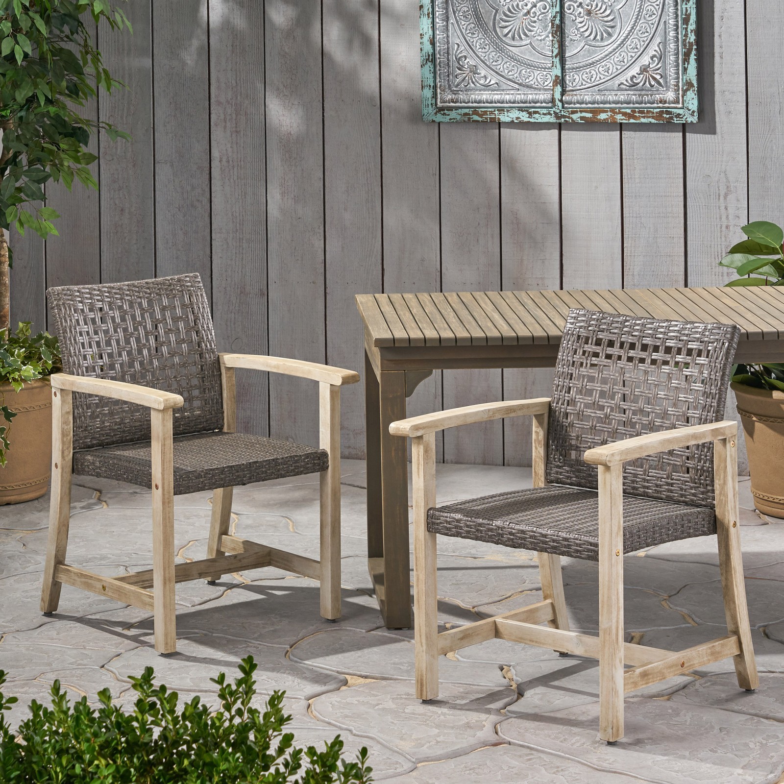 Set of 2 Wood and Wicker Dining Chairs, Natural Weave Side Chairs