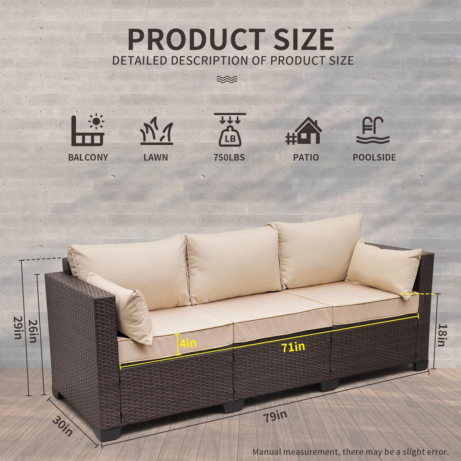 WAROOM Patio Couch PE Rattan 3-Seat Outdoor Sofa Brown Wicker Furniture Set Deep