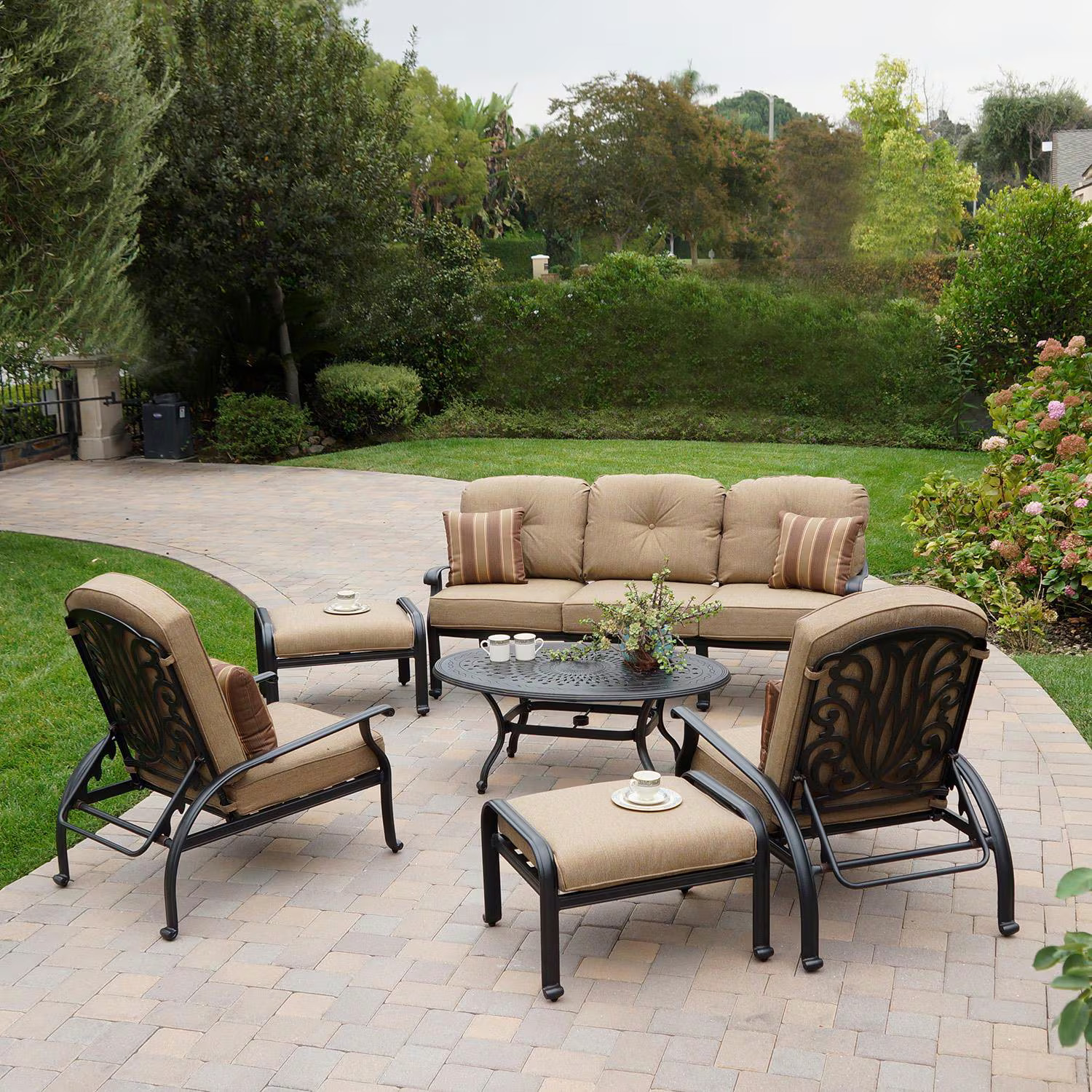Elisabeth 6 Pc Cast Aluminum Sofa Seating Set 46 X 31 Inch Oval Table Reclining