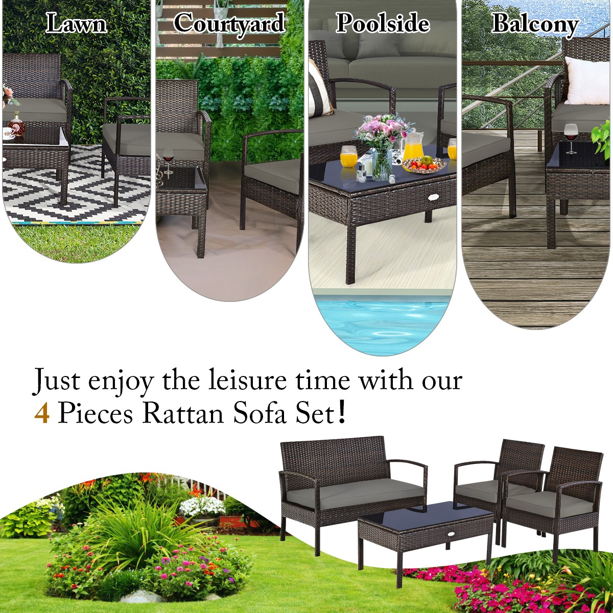Patiojoy 4PCS Patio Rattan Furniture Set Cushioned Sofa Coffee Table Garden Deck