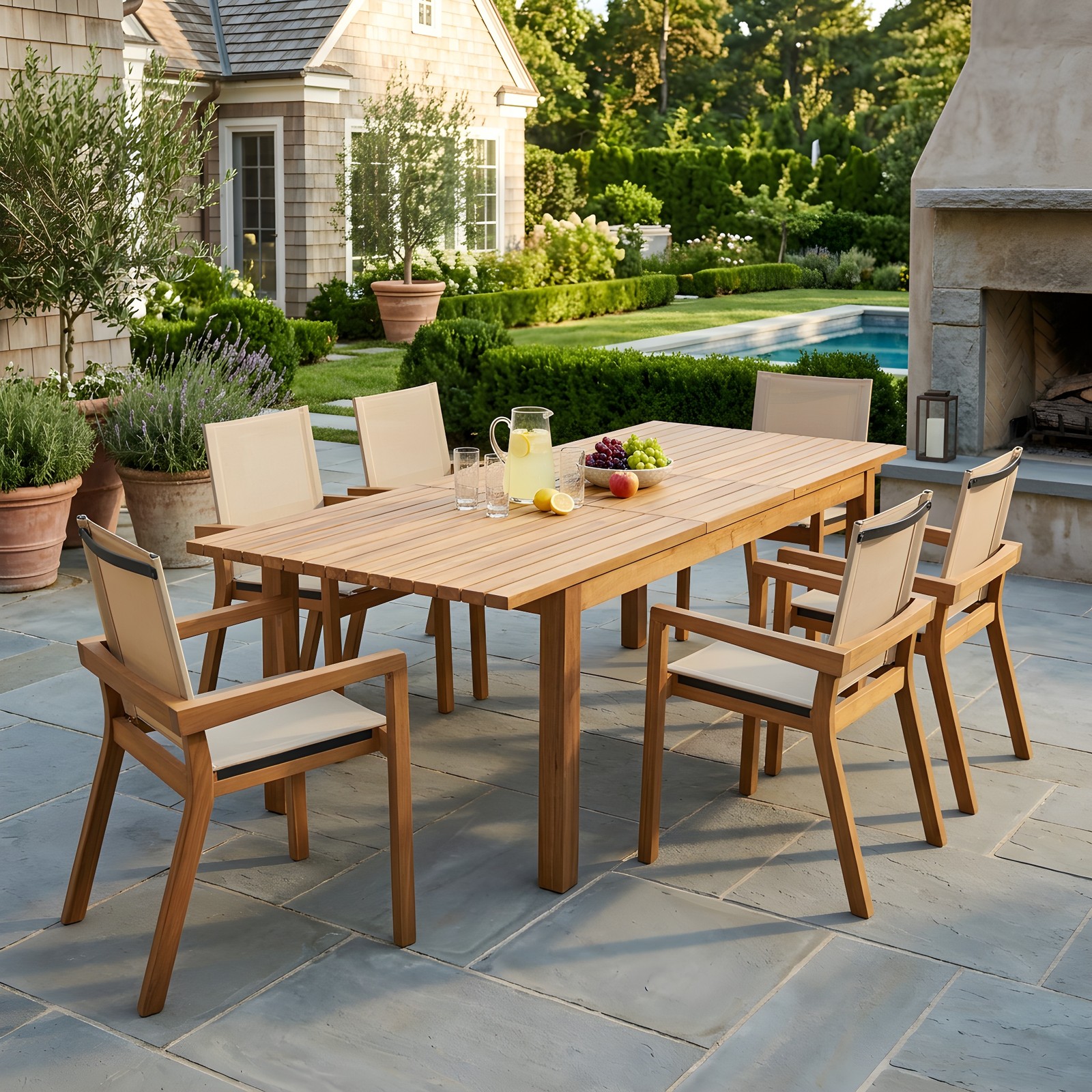 7-Piece Acacia Wood Outdoor Dining Set, 6 Chairs & 1 Table, Beige