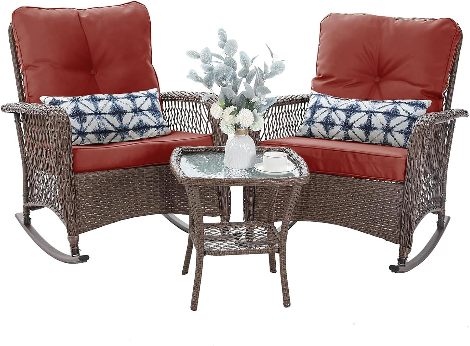 Patio Furniture Set 3 Pieces Rocking Bistro Set W/ Thick Cushions Brown Wicker