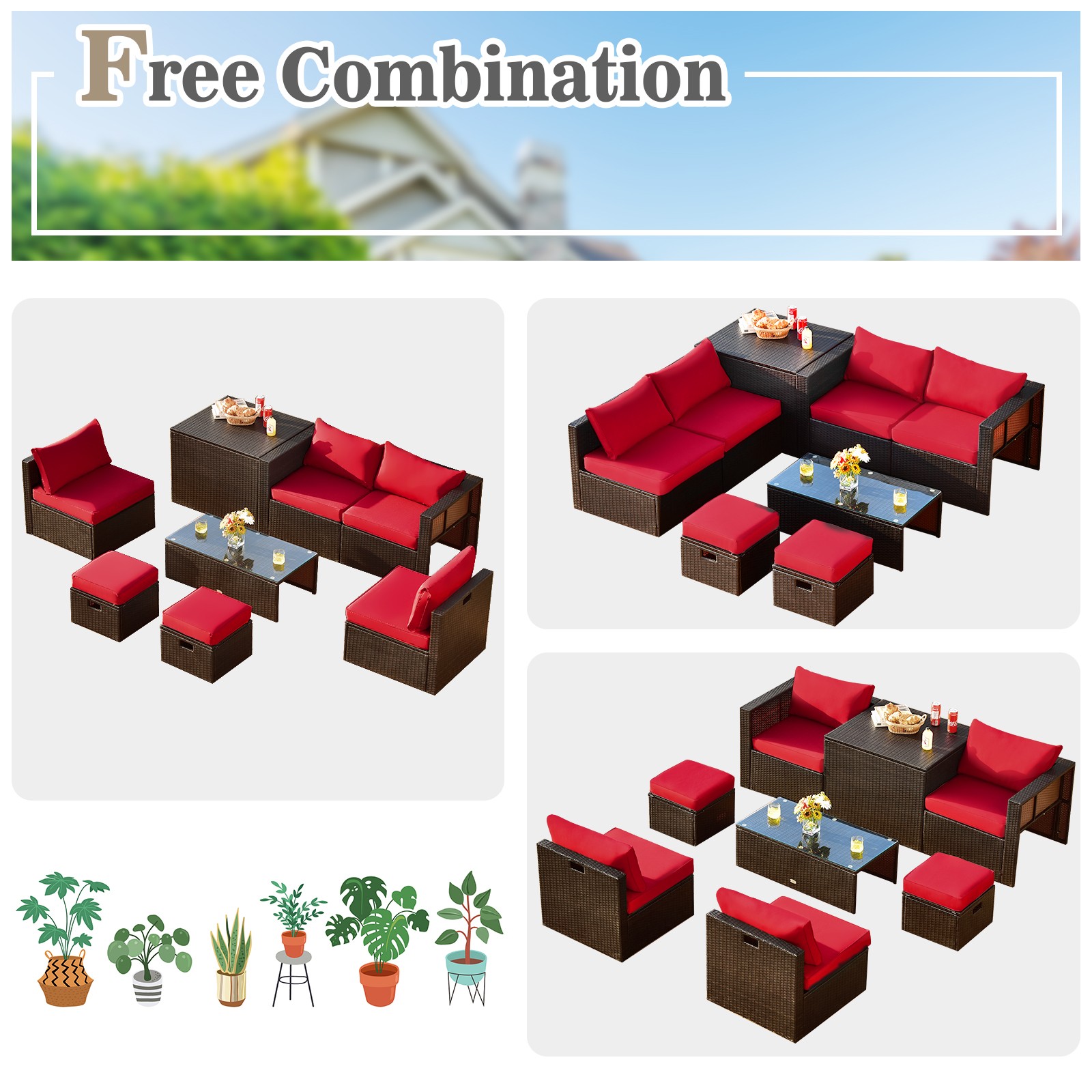8PCS Patio Rattan Furniture Set Space-Saving Storage Cushion W/Cover Red