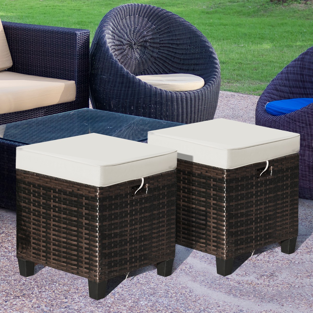 Patiojoy 2PCS Patio Rattan Ottoman Cushioned Seat Footrest Garden Furniture