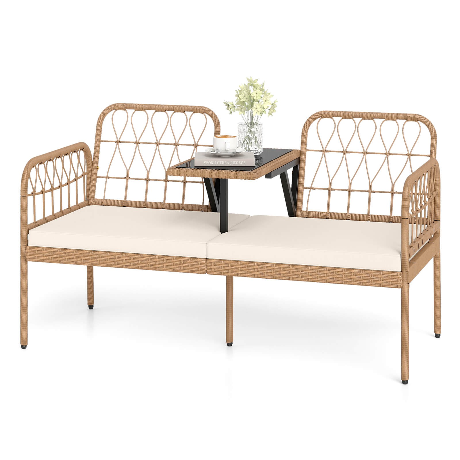 PE Rattan Outdoor Loveseat w/Built-in Coffee Table & Soft Cushions for Lawn