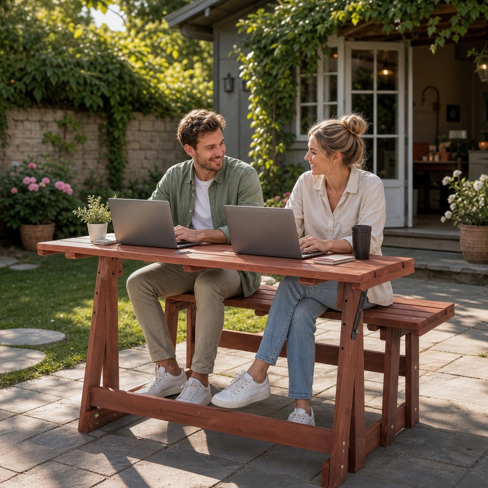 2-in-1 Convertible Bench Picnic Table, Outdoor Folding Set, Solid Wood