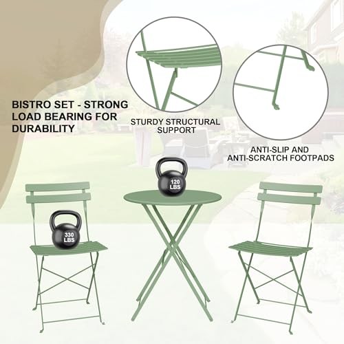 Bistro Table and Chairs Set of 2, 3 Piece Outdoor/Indoor Folding Patio Green