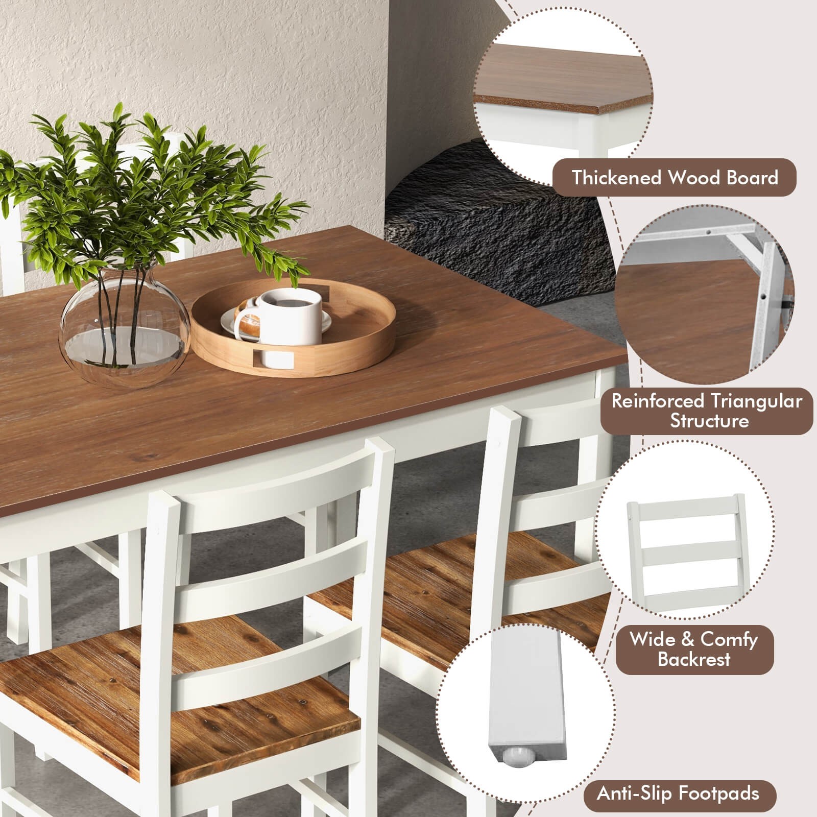 5PCS Dining Set Solid Wood Kitchen Furniture w/ Rectangular Table & 4 Chairs