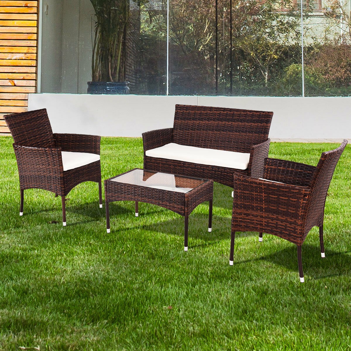 4PCS Outdoor Patio PE Rattan Wicker Table Shelf Sofa Furniture Set With Cushion