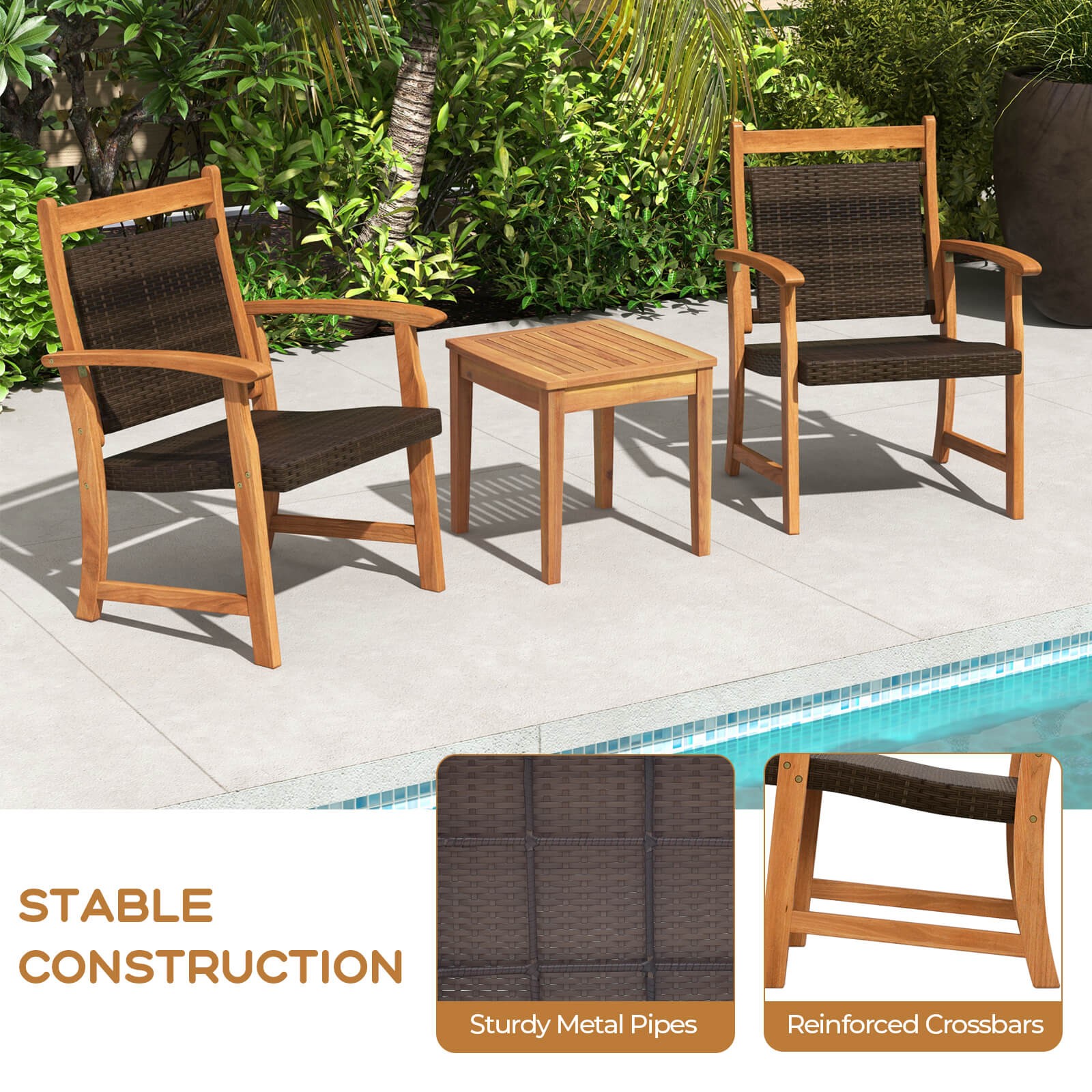 Patiojoy Patio 3PCS Rattan Bistro Set Acacia Wood Frame Armrest Chairs Garden