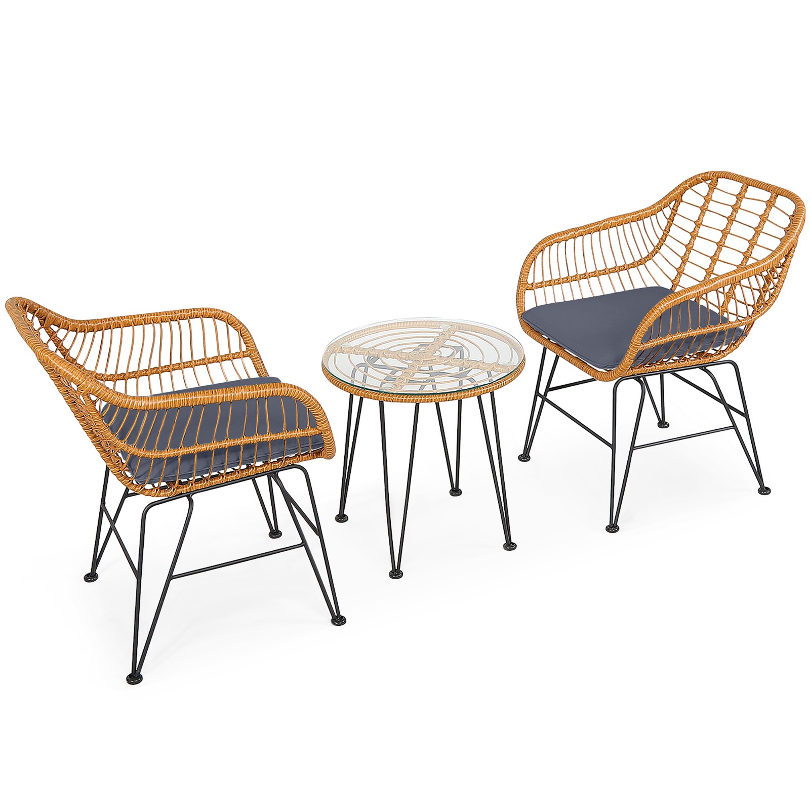 3PCS Rattan Patio Bistro Set Conversation Furniture Set w/ Grey Cushions