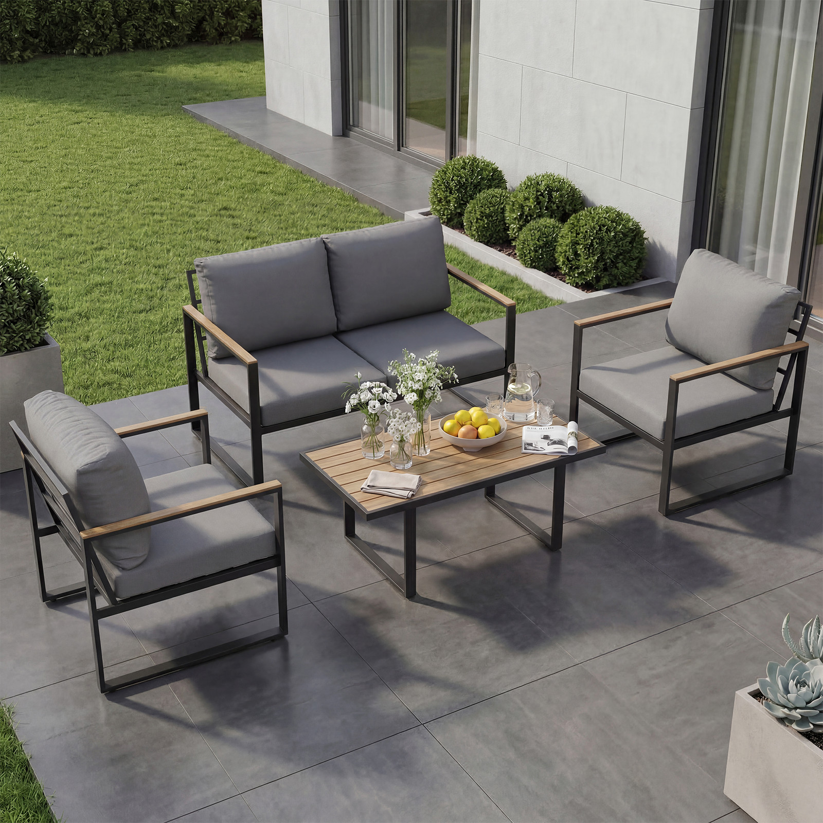 Patio Furniture Set 4 Piece Outdoor Loveseat Coffee Table & 2 Chairs w/Cushion
