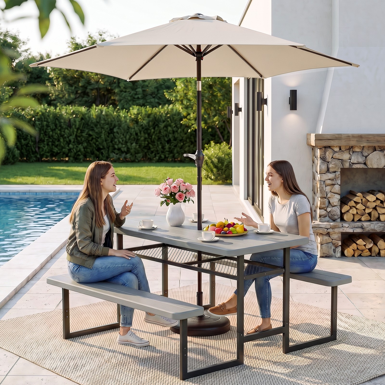 4.5/6FT Picnic Table Bench Set w/ Umbrella Hole for Outdoor Camping Garden Yard