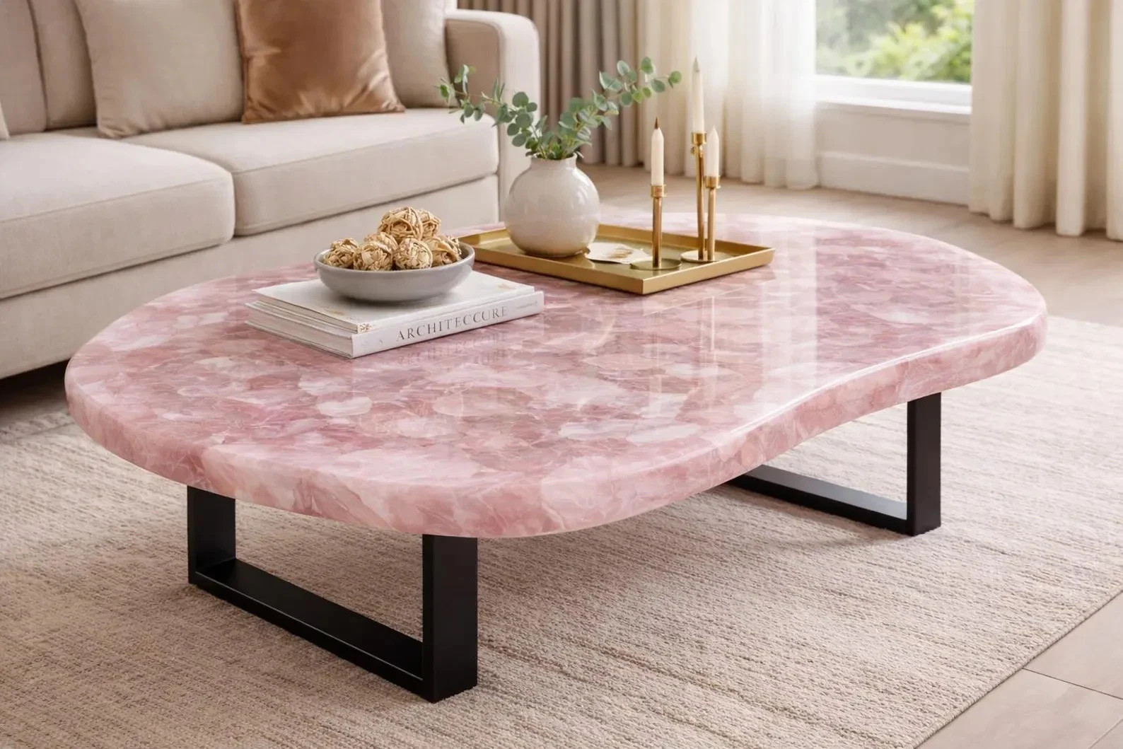 Handmade Rose Quartz Coffee Table | Live Edge Stone Slab | Luxury Decor