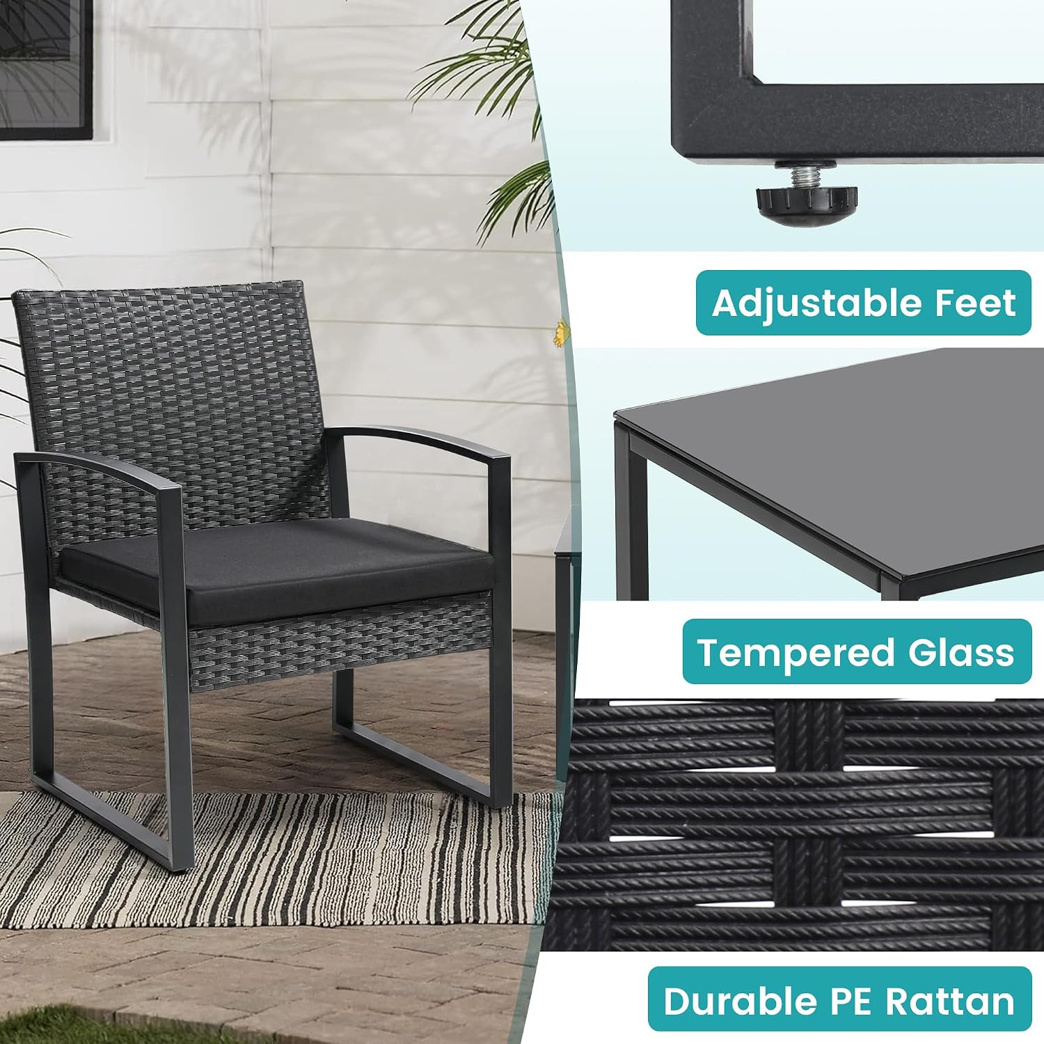 3 Piece Outdoor Wicker Bistro Set, Rattan Patio Conversation Set with Coffee Tab