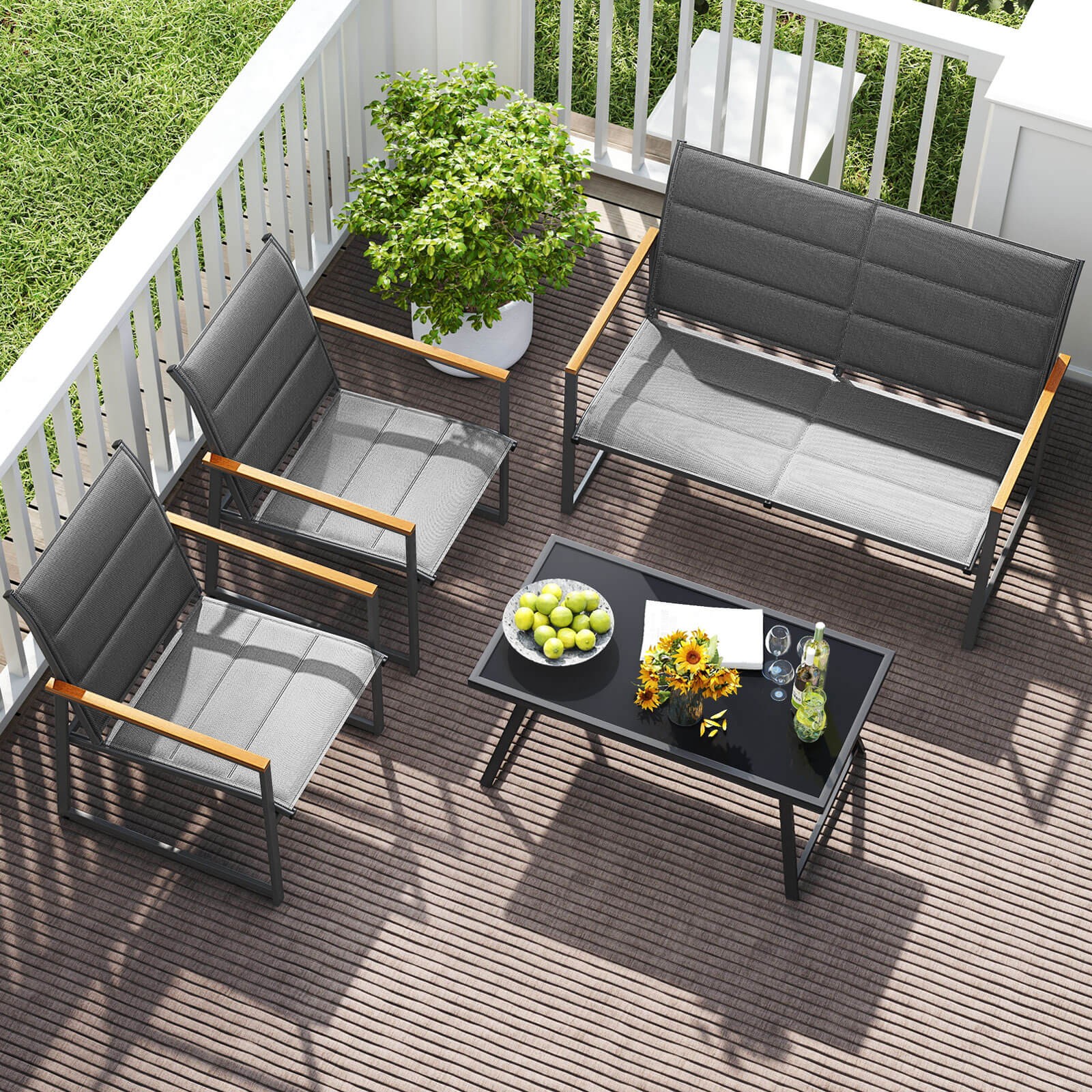 4 PCS Patio Furniture Set w/ Padded Fabric Seat & Wood-Plastic Armrests Table