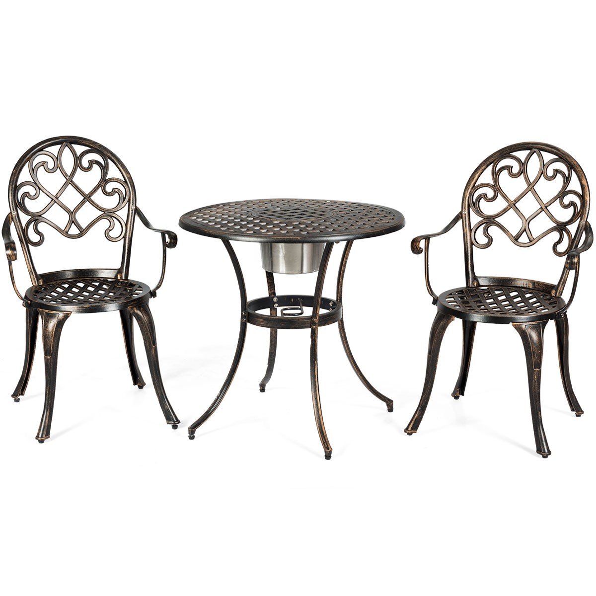 Topbuy 3 PCS Bistro Table Set Aluminum Patio Furniture W/ Ice Bucket Antique