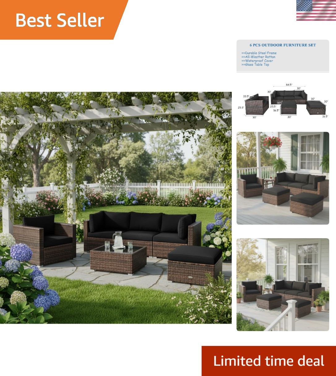 6-Piece Outdoor Wicker Sofa Set – Modern PE Rattan Patio Conversation Set