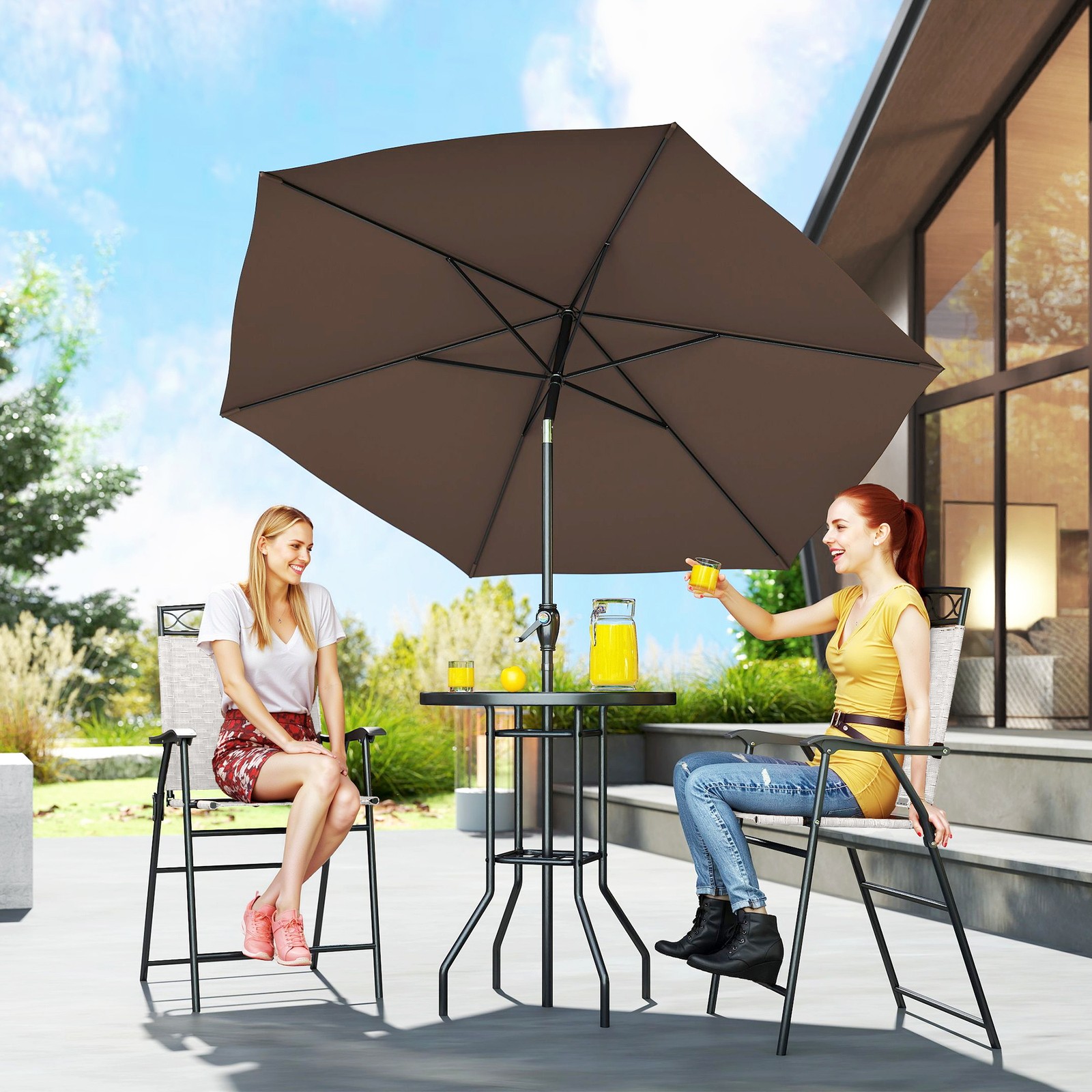 4pc Outdoor Patio Dining Set Furniture, 2 Folding Chairs, Table, Umbrella, Beige