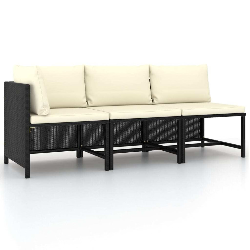 3 Piece Patio Sofa Set with Cushions Black Poly Rattan