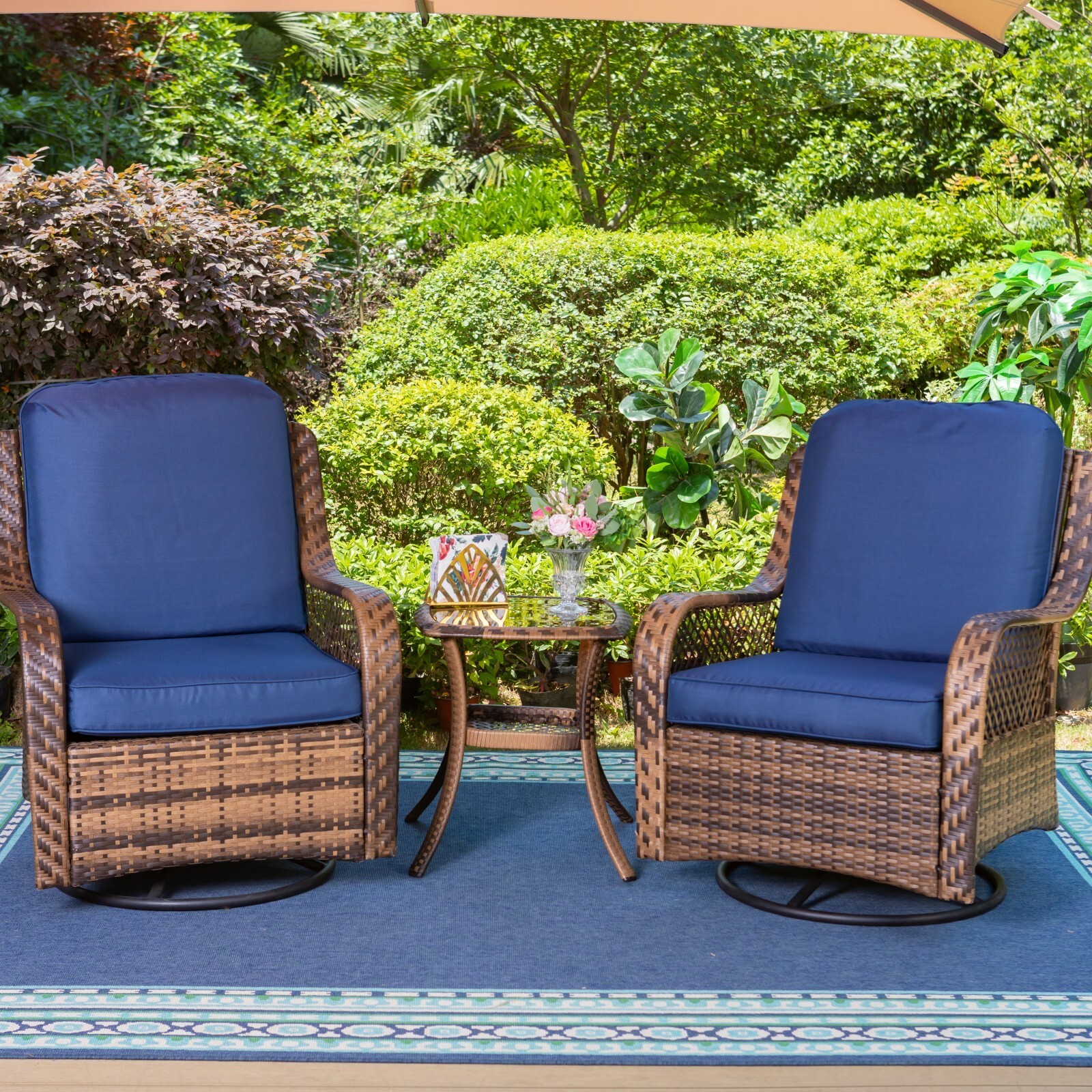 Oversized Outdoor Wicker Patio Furniture Set 3 Piece Rattan Swivel Rocker Chairs