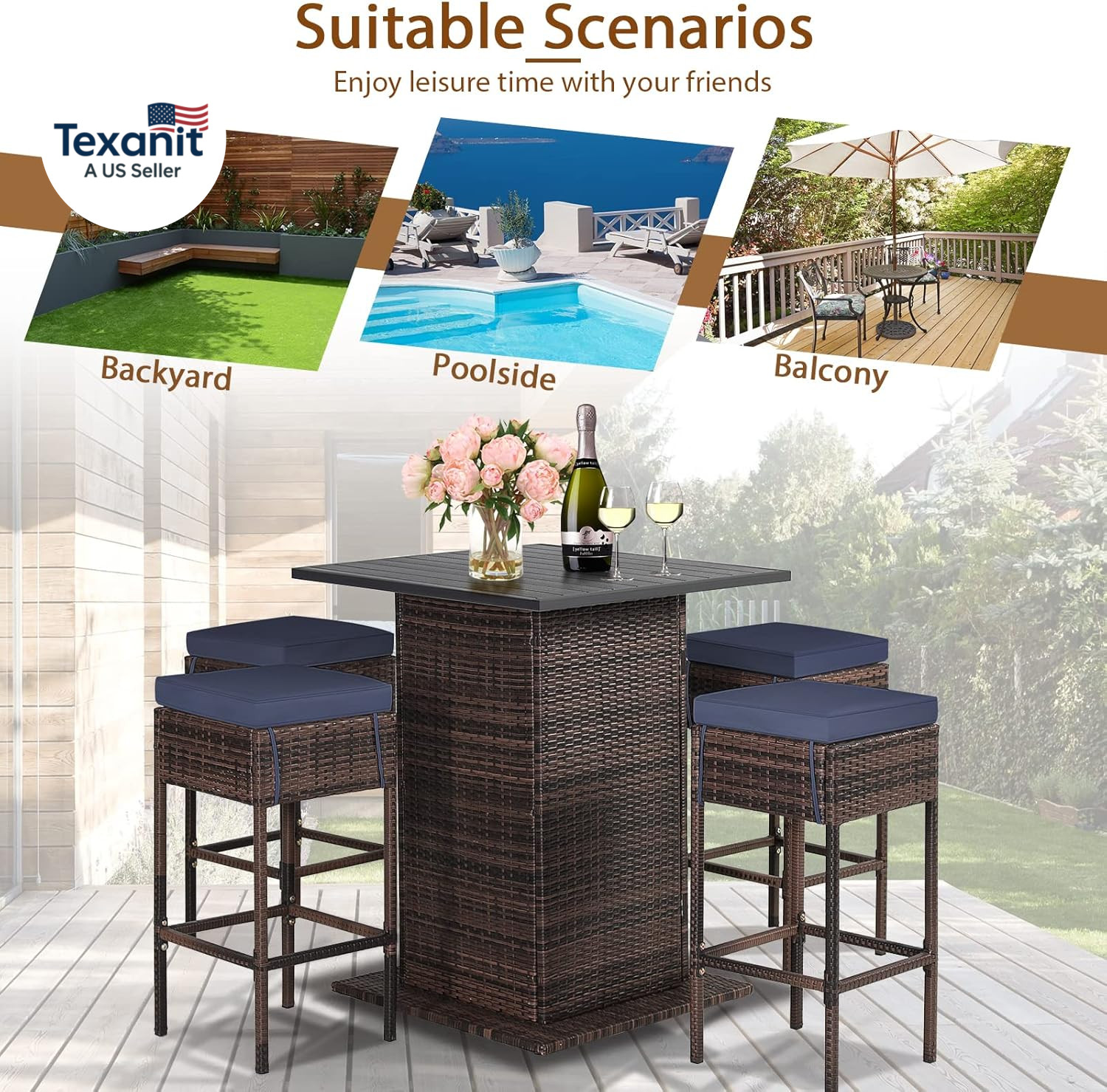5-Piece Outdoor Bar Set, Wicker Rattan Bar Height Patio Set W/4 Cushion Bar Stoo