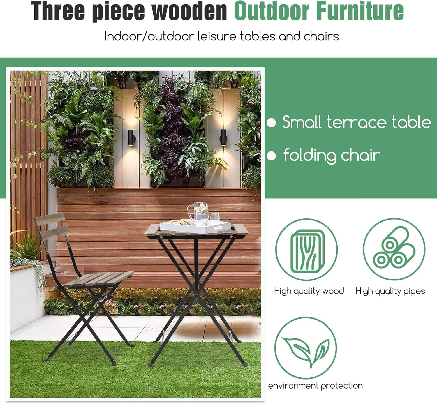 3 Pieces Bistro Set Outdoor Furniture Sets 2Folding Chairs and Table Steel Frame