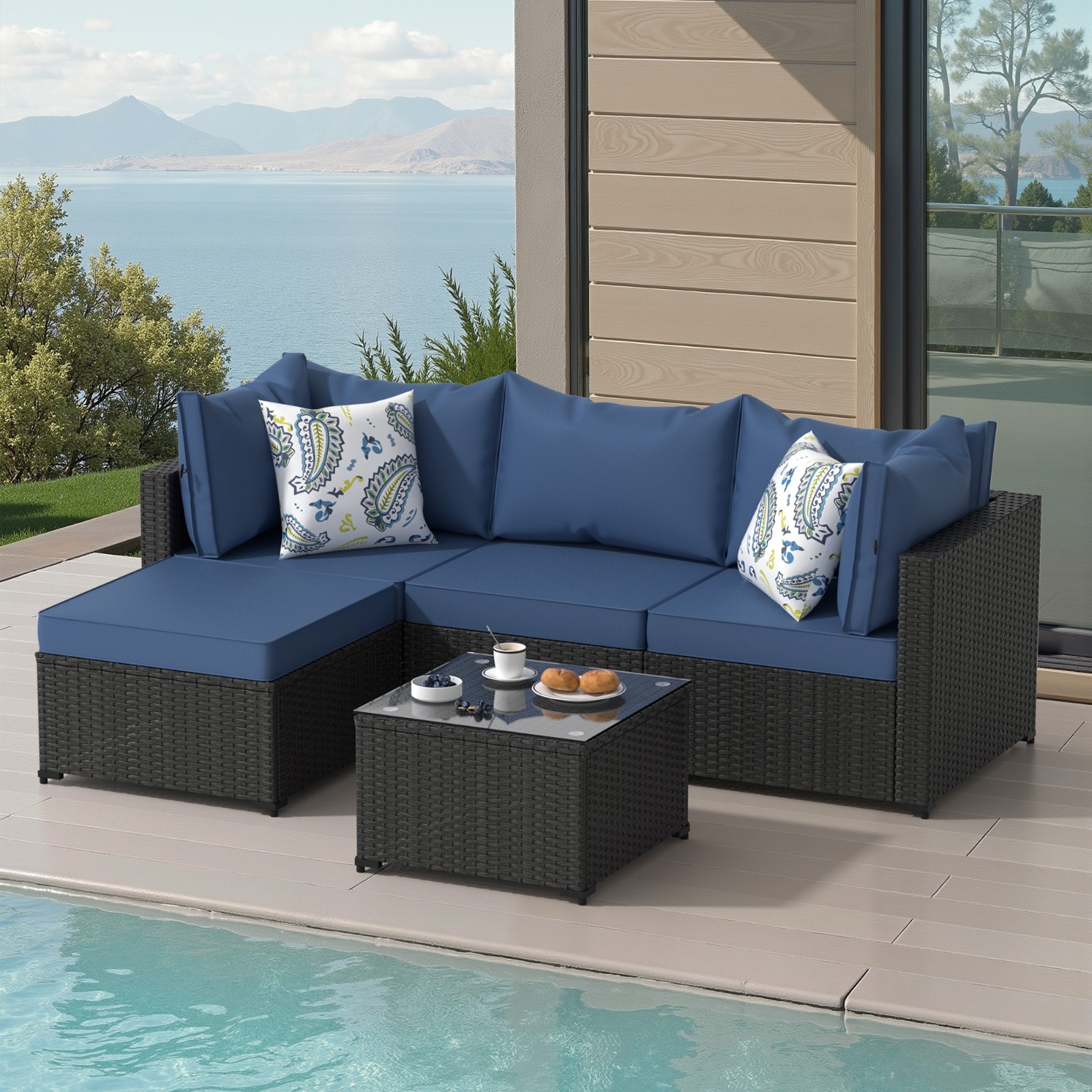 5PCS Patio Furniture Set All Weather Outdoor Sectional Sofa w/ Cushion PE Rattan