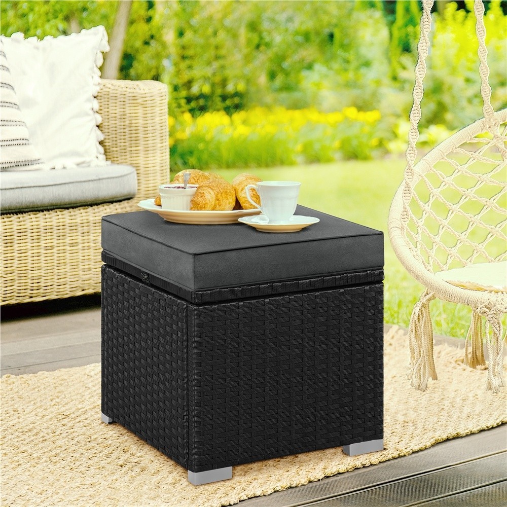 Wicker Patio Storage Ottomans with Cushions, Set of 2, Black/Gray