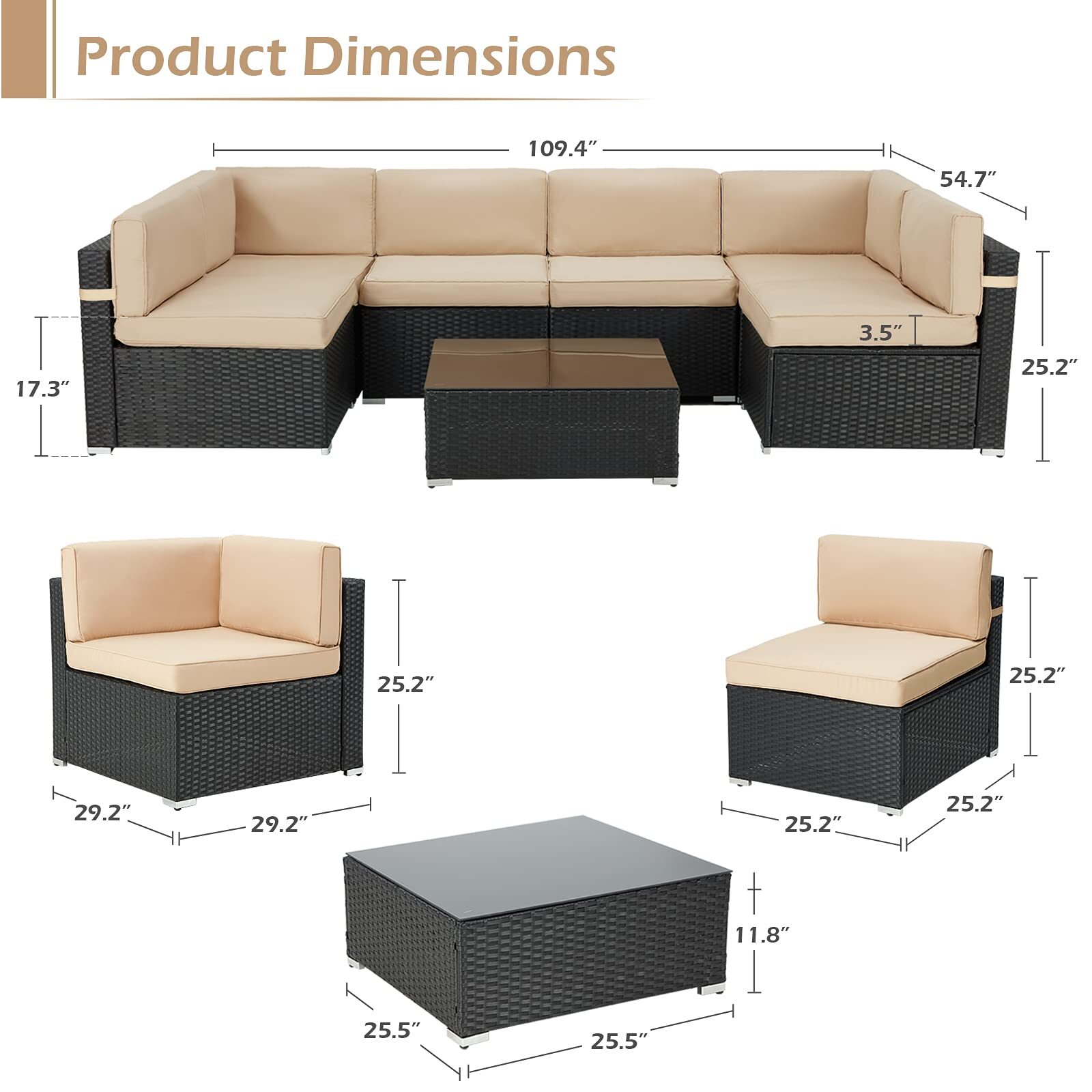 7-Pc PE Rattan Patio Sofa Set Outdoor Sectional Conversation Couch with Cushions